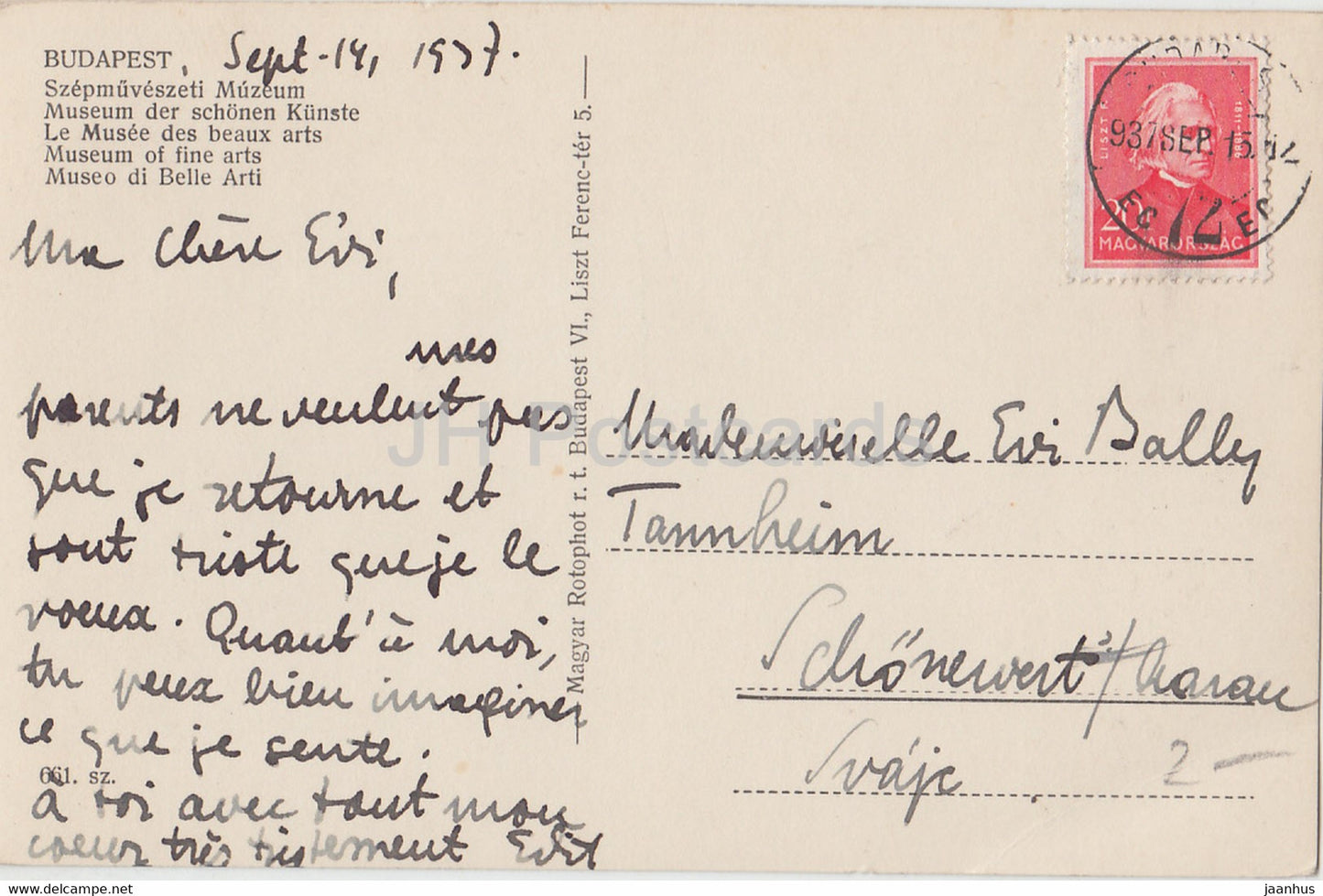 Budapest – Szepmuveszeti Muzeum – Museum der Schönen Künste – alte Postkarte – 1937 – Ungarn – gebraucht