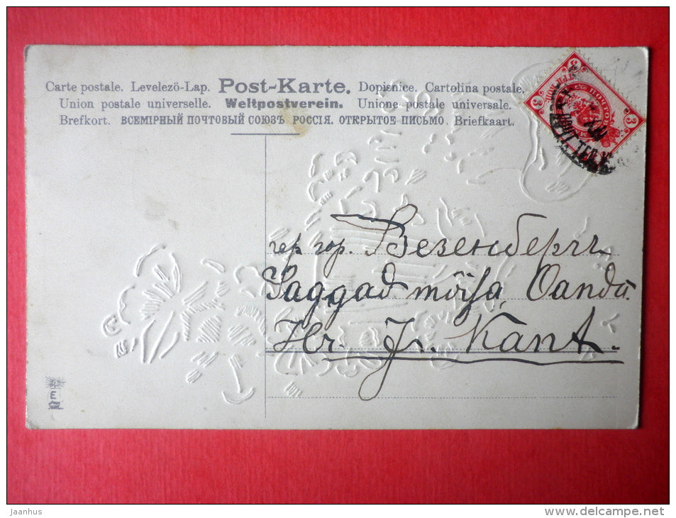 new year greeting card - girl - pig - mushroom - butterfly - 13551 circulated in Imperial Russia Estonia Wesenberg 1900s - JH Postcards