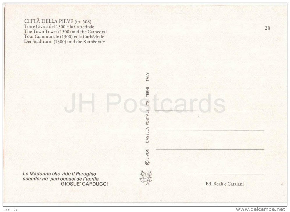 Torre Civica , Cattedrale - Saluti da Citta Della Pieve m. 508  - Perugia - Umbria - 28 - Italy - Italia - unused - JH Postcards
