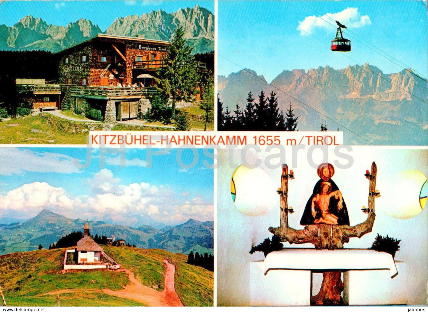 Kitzbuhel Hahnenkamm 1655 m - cable car - Berghaus - St Bernhards Kapelle - multiview - 6370 - Austria – used – JH Postcards
