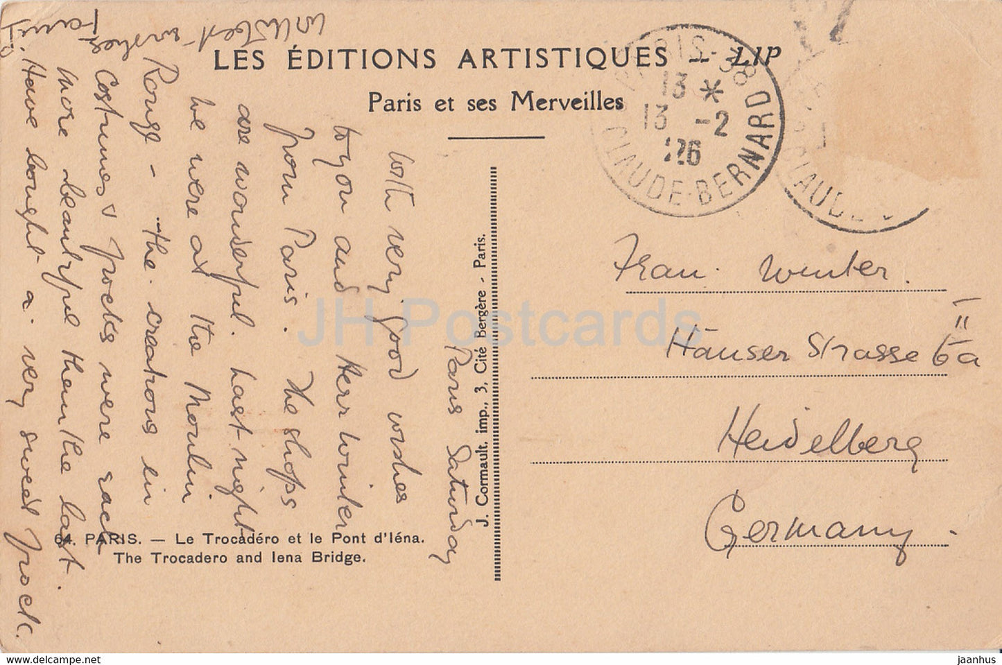 Paris - Le Trocadéro et le Pont d'Iena - Le Trocadéro et le pont d'Iena - voiture - 64 - carte postale ancienne - 1926 - France - occasion