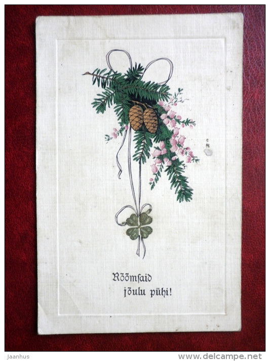 Christmas Greeting Card - cones - spruce branches - circulated in 1923 - Estonia - used - JH Postcards