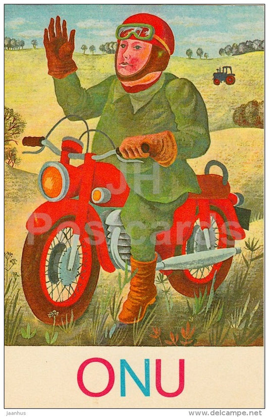 man - motorbike - I am Reading - Teaching reading to children by J. Tammsaar - 1980 - Estonia USSR - unused - JH Postcards