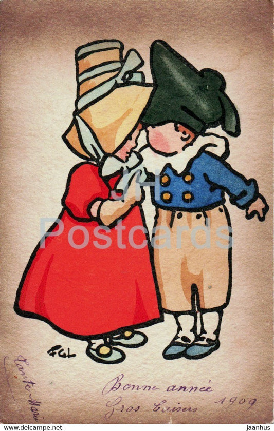 Boy and Girl - illustration - FGL - 358 - MM Vienne - old postcard - 1909 - France - used - JH Postcards