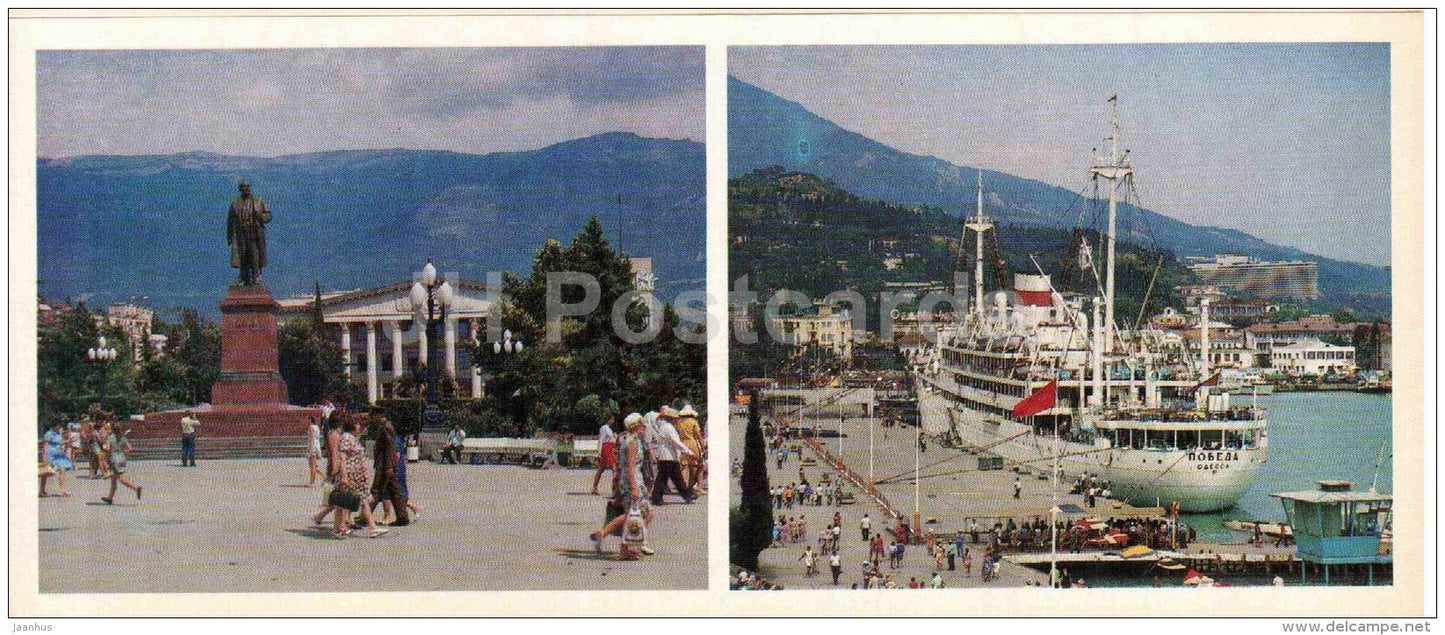 Lenin square - monument - port - ship - Yalta - the south coast of Crimea - 1979 - Ukraine USSR - unused - JH Postcards