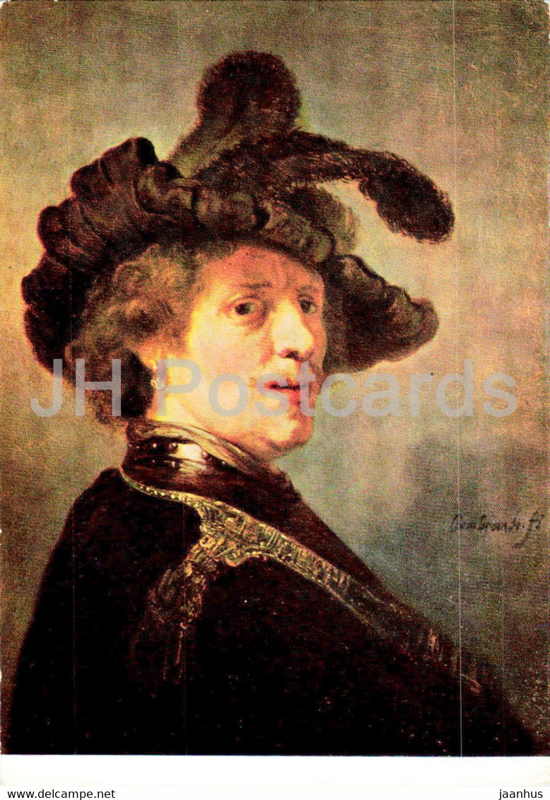 painting by Rembrandt - Portrait of the painter as an officer - Dutch art - Netherlands - unused - JH Postcards