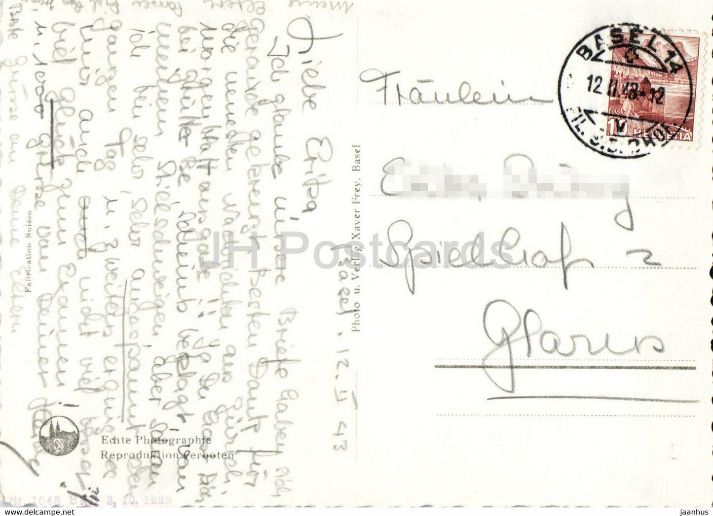 Basel - Die drei Rheinbrucken und Munsterturm - cathedral - 547 - old postcard - 1943 - Switzerland - used