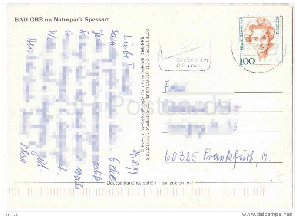 Grüsse aus Bad Orb - Im Naturpark Spessart - Marktplatz - Kirchgasse - Am Obertor - Germany - 1999 gelaufen - JH Postcards