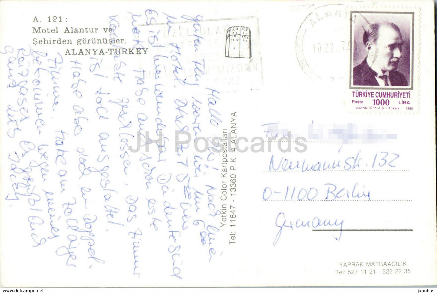 Alanya - motel Alantur - ship - City view - beach - Yetkin Color - 1991 - Turkey - used