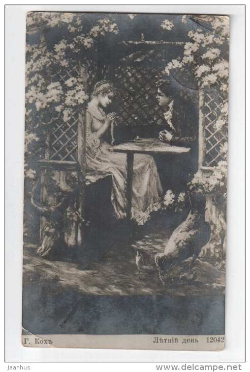 painting by G. Koch - Summer Day - hen and chickens - 12042 - circulated in Tsarist Russia , 1913 - used - JH Postcards