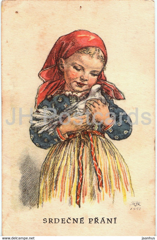 Srdecne Prani - girl - bird - dove - illustration by MJK - 1952 - Czech Republic - used - JH Postcards
