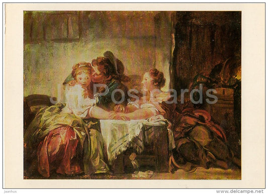 painting by Jean Honore Fragonard - The Lost Forfeit , or the Captured Kiss - French art - Russia USSR - 1980 - unused - JH Postcards