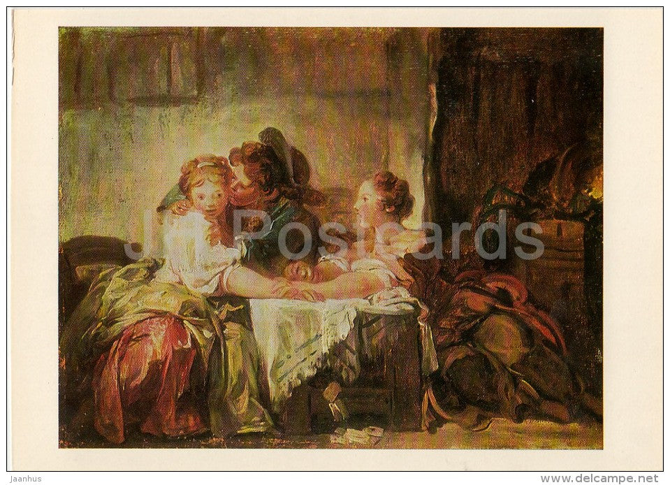painting by Jean Honore Fragonard - The Lost Forfeit , or the Captured Kiss - French art - Russia USSR - 1980 - unused - JH Postcards