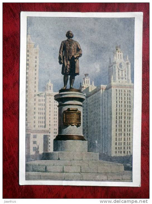 Moscow - Monument to Lomonosov at University of Moscow - sent to Estonia, stamped - 1955 - Russia - USSR - used - JH Postcards