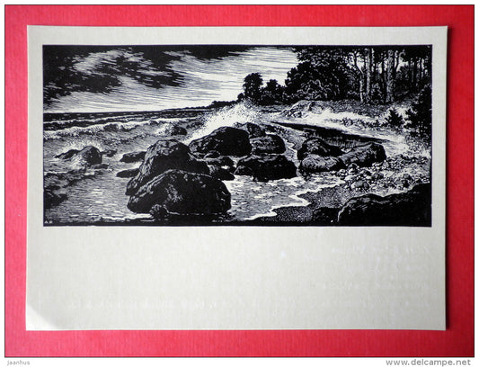 engraving by Arturs Duburs - The Vidzeme Sea-Shore - stones - latvian art - unused - JH Postcards