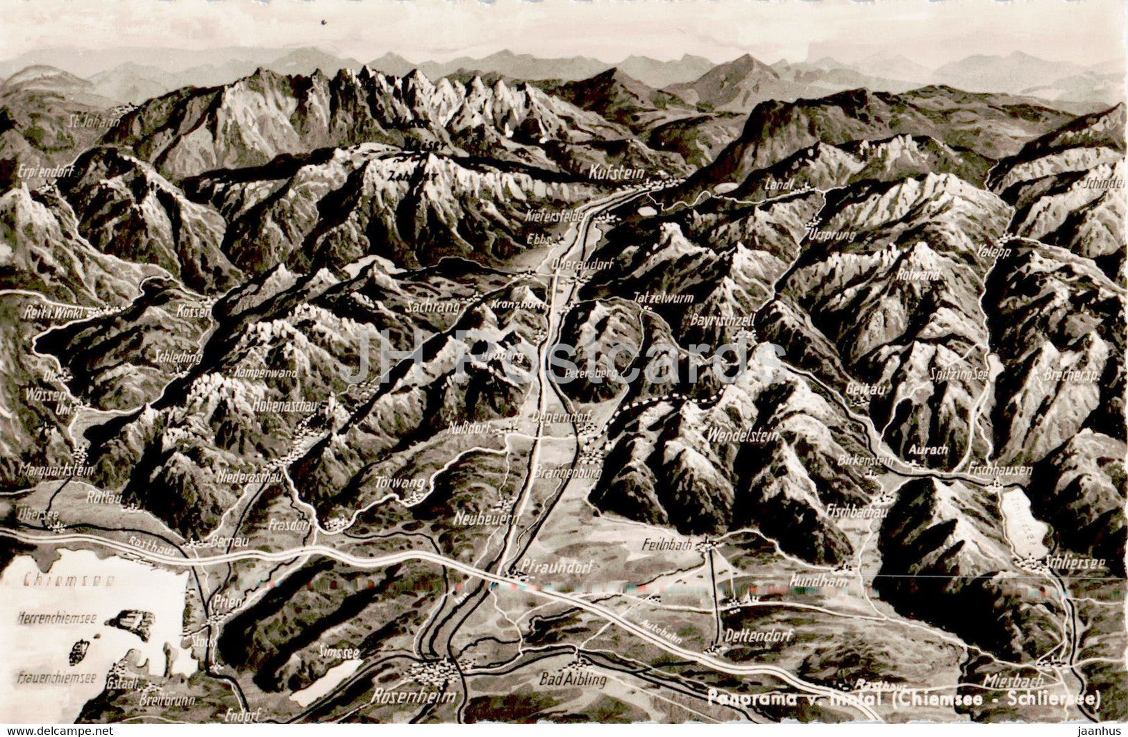 Panorama v innntal - Chiemsee - Schliersee - old postcard - Germany - unused - JH Postcards