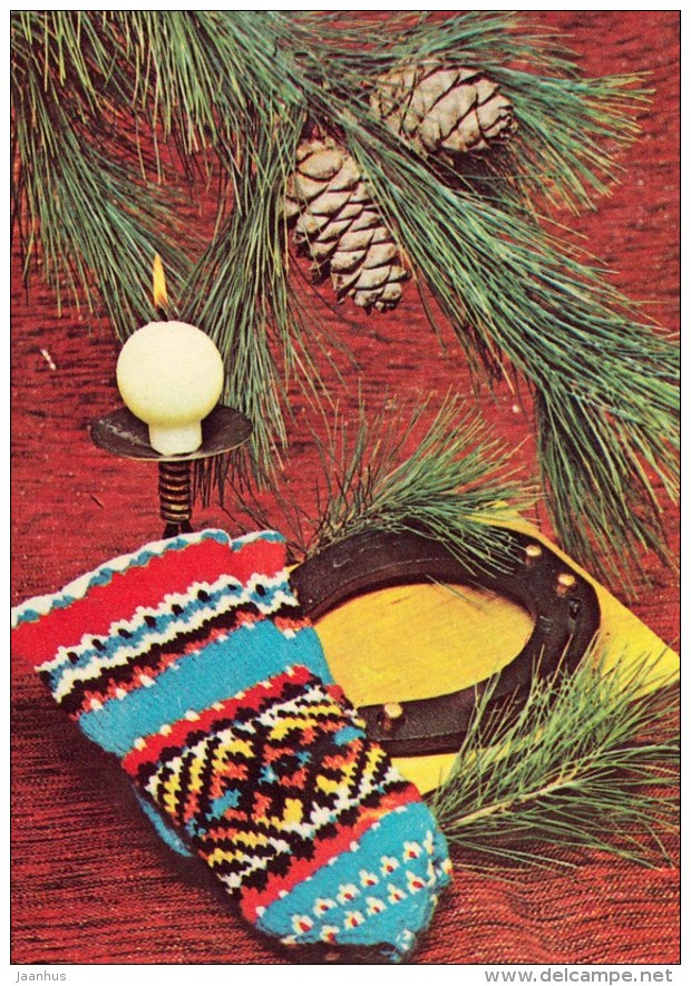New Year Greeting card - 3 - mittens - horseshoe - 1978 - Estonia USSR - used - JH Postcards