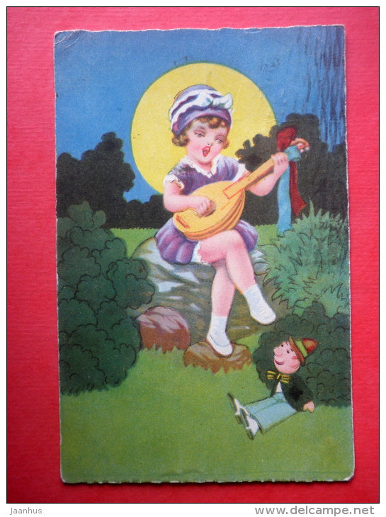 illustration - girl with mandolin - singing - Amag 0268 - circulated in Estonia Tallinn Tõrva 1932 - JH Postcards
