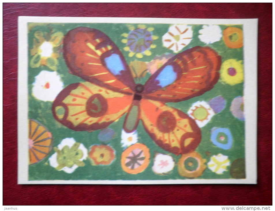 Butterfly - flowers - illustration by A. Rumvolt - Juvenile Artists - 1970 - Estonia USSR - unused - JH Postcards