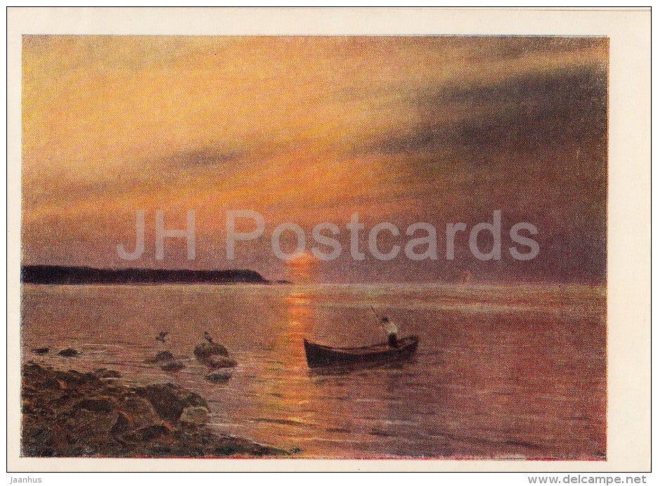 painting by N. Dubovskoy - Sunset , 1909 - boat - Russian art - 1954 - Russia USSR - unused - JH Postcards