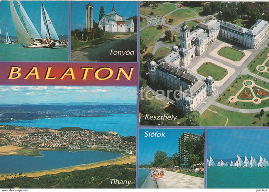 Greetings from Balaton - Tihany - Fonyod - Keszthely - Siofok - sailing boat - multiview - 1990s - Hungary - used - JH Postcards