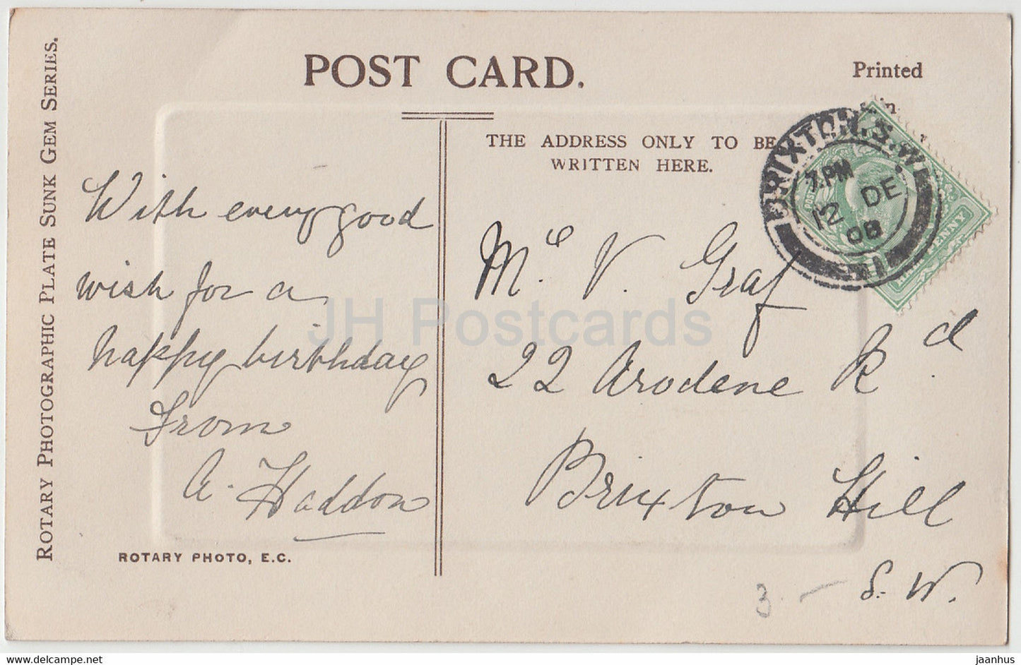Birthday Greeting Card - Many Happy Returns - kitten - P 1737 - old postcard - 1908 - United Kingdom - used