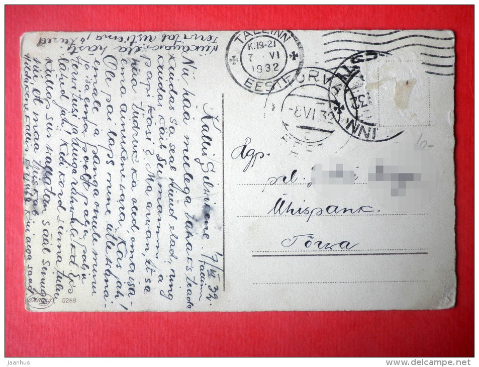 illustration - girl with mandolin - singing - Amag 0268 - circulated in Estonia Tallinn Tõrva 1932 - JH Postcards