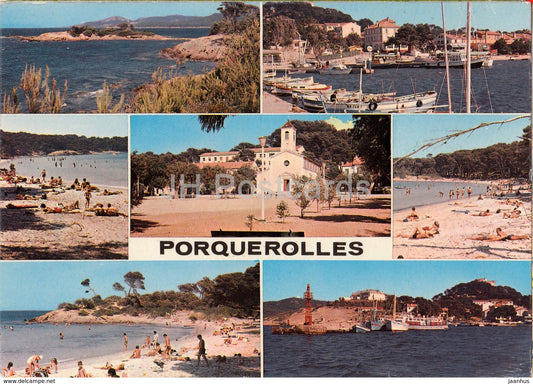 Porquerolles - Cote d'Azur - beach - port - boat - church - multiview - France - 1980 - used - JH Postcards