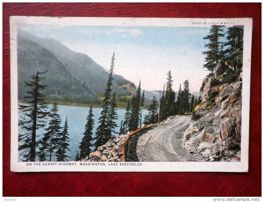 On the Sunset Highway . Washington , Lake Keechelus - sent to Estonia in 1920s - USA - used - JH Postcards