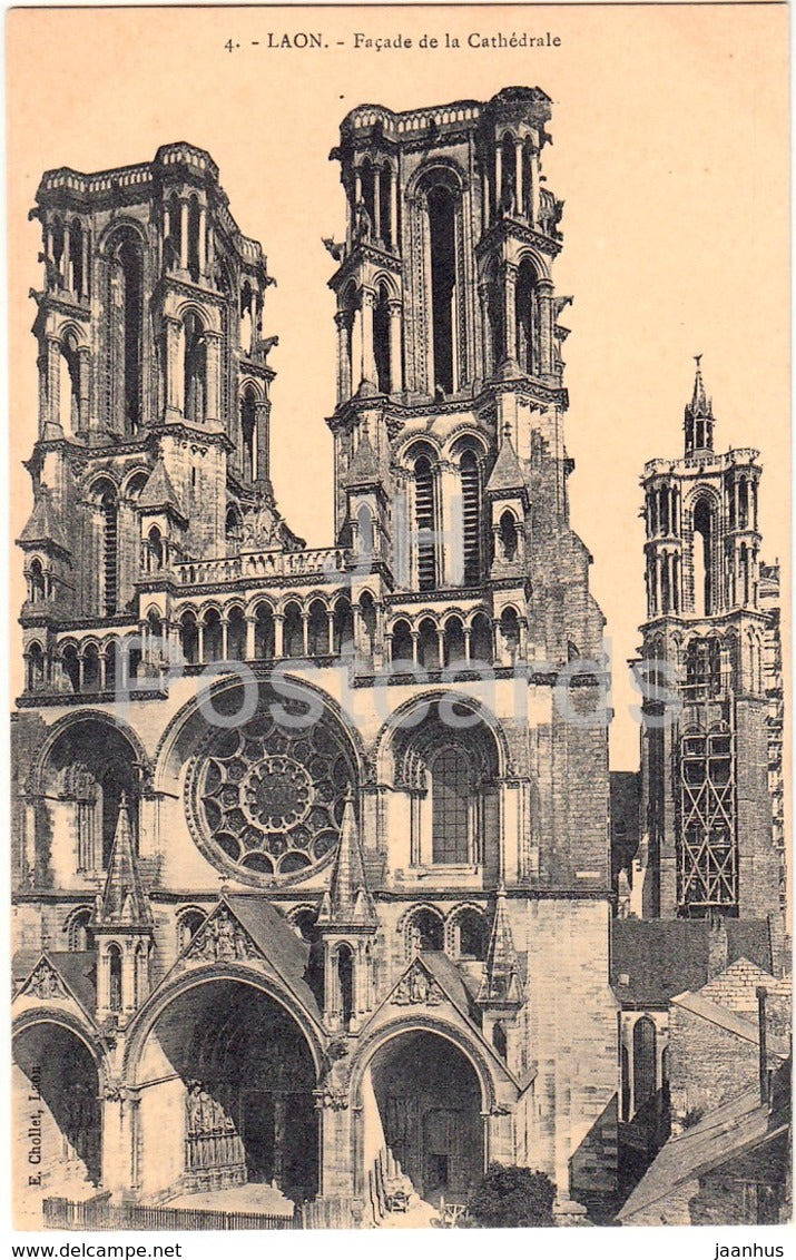 Laon - Facade de La Cathedrale - cathedral - 4 - old postcard - France - unused - JH Postcards