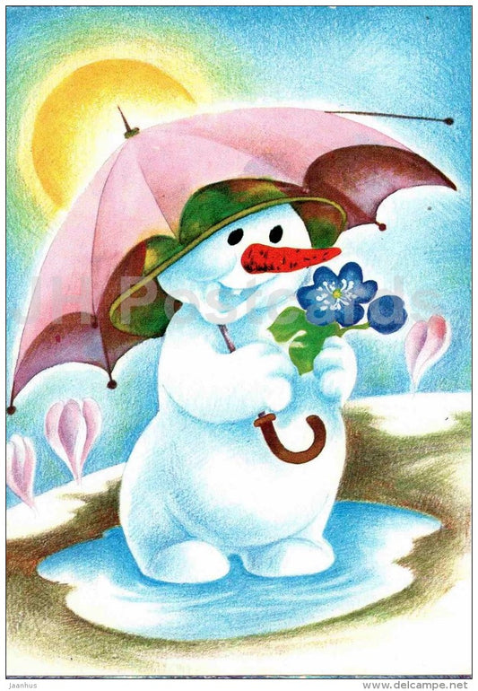 illustration by Ü. Meister - 12 Months , April - snowman - umbrella - 1990 - Estonia USSR - unused - JH Postcards