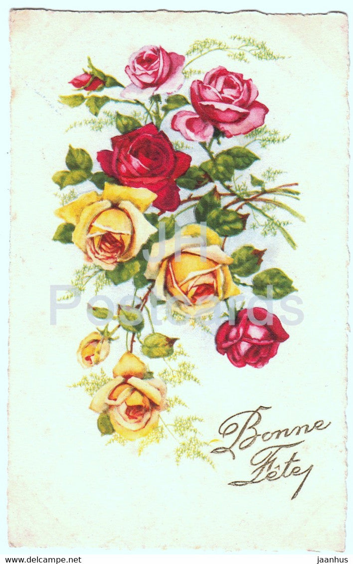Birthday Greeting Card - Bonne Fete - flowers - roses - 1322 - MD Paris - illustration - old postcard - France - used - JH Postcards