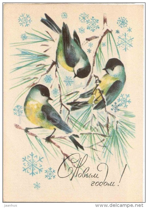 New Year Greeting card by V. Razgovorov - tits - birds - stationery - 1970 - Russia USSR - used - JH Postcards