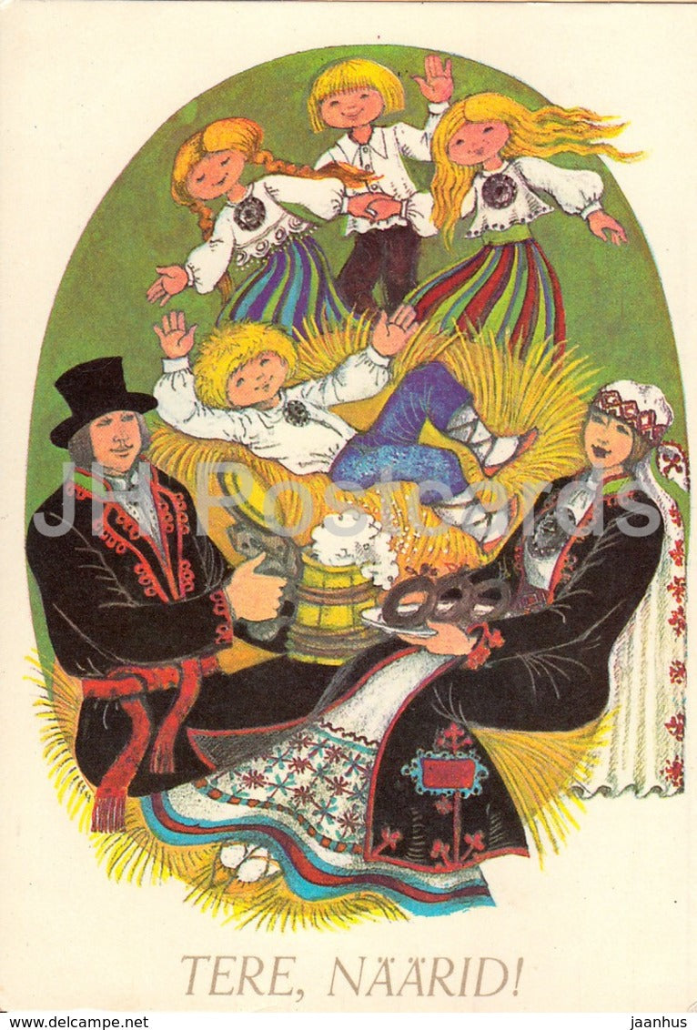 New Year Greeting card by E. Tikerpae - Family in Folk Cosumes - beer mug - 1981 - Estonia USSR - used - JH Postcards