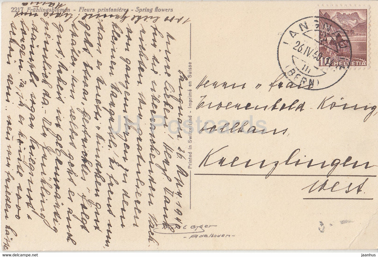 Fruhlingsblumen - Fleurs de printemps - fleurs - 2217 - carte postale ancienne - 1940 - Suisse - utilisé