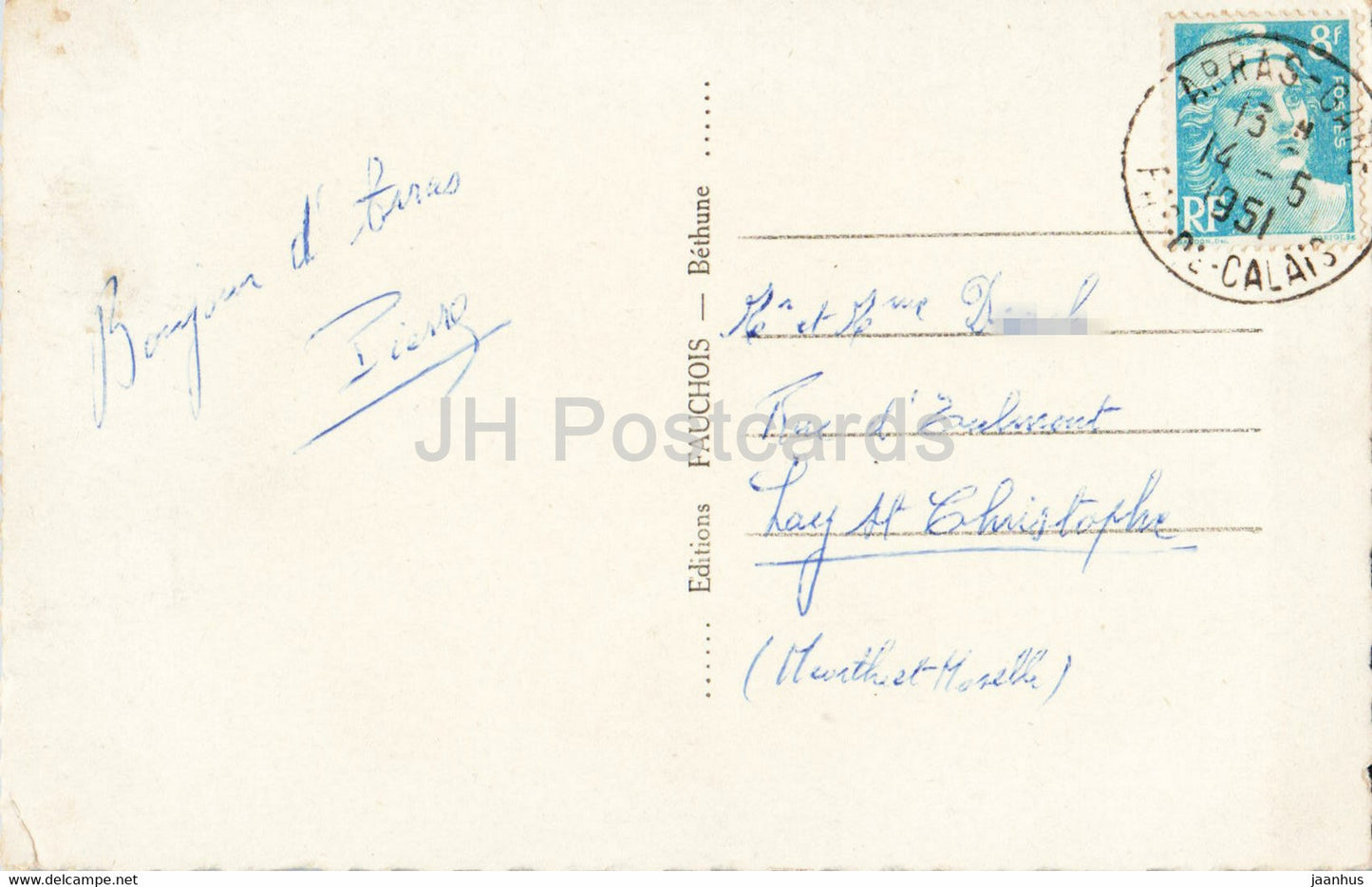 L'Ami Bidasse vous envoie son coeur d'Arras - chef lieu du Pas de Calais - carte postale ancienne - 1951 - France - occasion