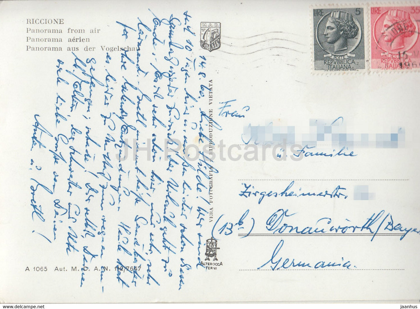 Riccione - Panorama dall aereo - Panorama from air - sailing boat - beach - 1960 - Italy - used