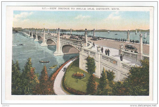 New Bridge to Belle Isle , Detroit , Mich - boat - old car - 527 - old postcard - USA - used - JH Postcards