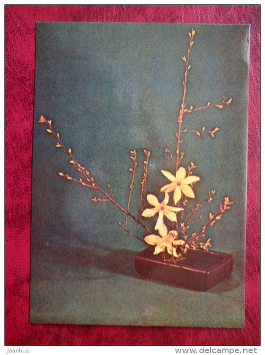 flower composition, ikebana - Three Stars - Daffodils - cotoneaster - 1980 - Estonia USSR - unused - JH Postcards