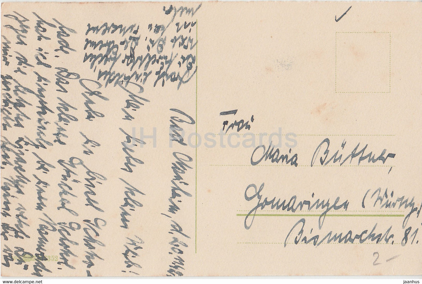 blaue Blumen in einer Vase - Illustration - alte Postkarte - gebraucht