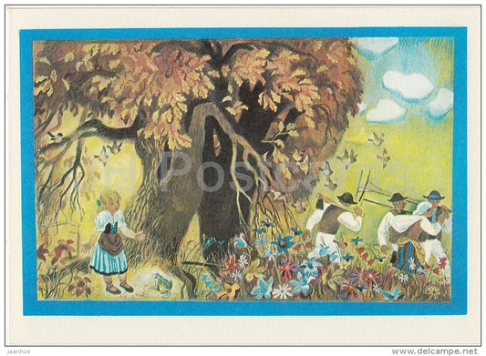 illustration - frog - peasants - girl - Don´t Cry Mushroom by D. Mrazkova - fairy tale  - 1979 - Russia USSR - unu - JH Postcards