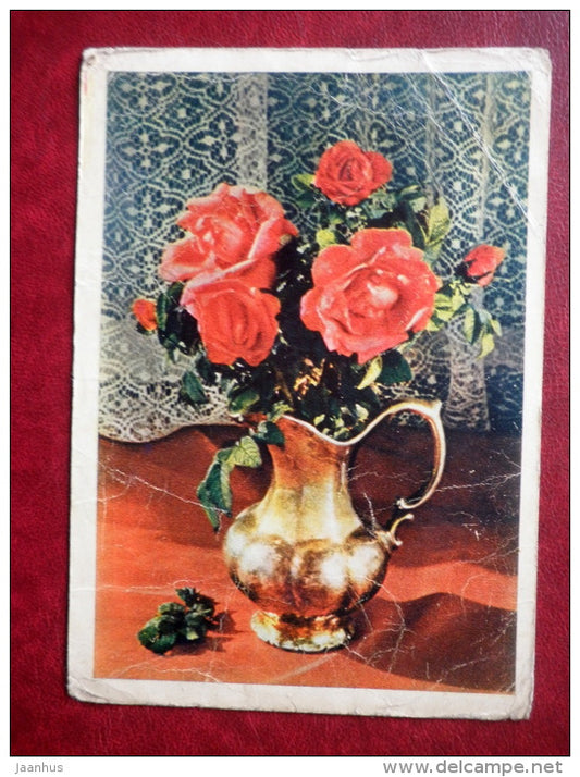 Greeting Card - red roses in a vase - 1956 - Russia USSR - used - JH Postcards