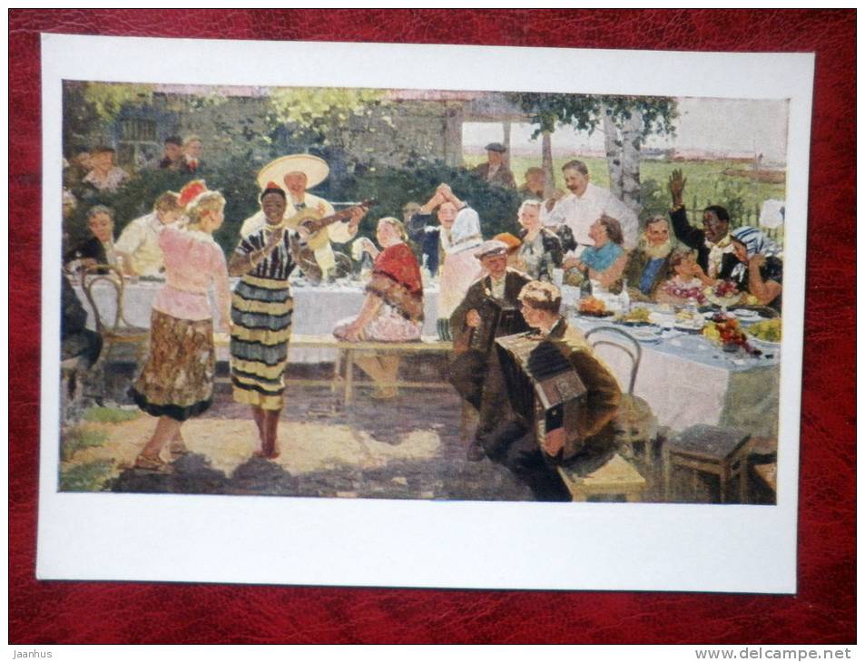 Painting by D. V. Belyaev - guests of the festival in Kolkhoz , 1959 - russian art - unused - JH Postcards