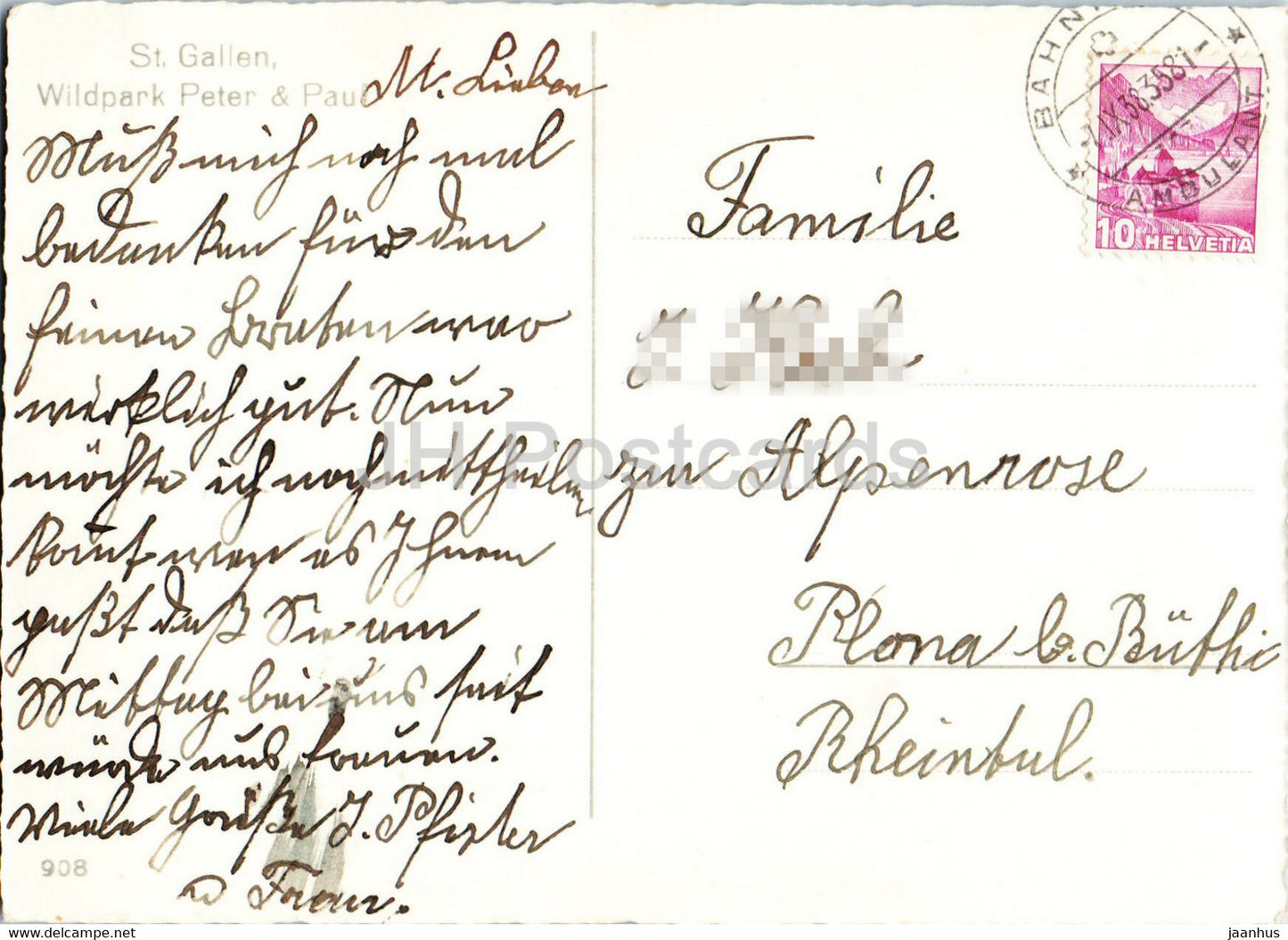 St. Gallen - Wildpark Peter &amp; Paul - Steinbock - Hirsche - Tiere - 908 - 1938 - alte Postkarte - Schweiz - gebraucht