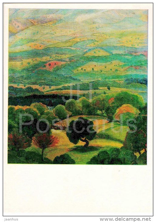 painting by Elena Akhvlediani - View at Tsinandali from Gremi , 1930s - georgian art - unused - JH Postcards