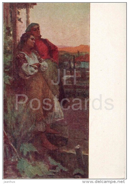 painting by O. Kacharov - By the evening in Moldova - man and woman - russian art  - unused - JH Postcards