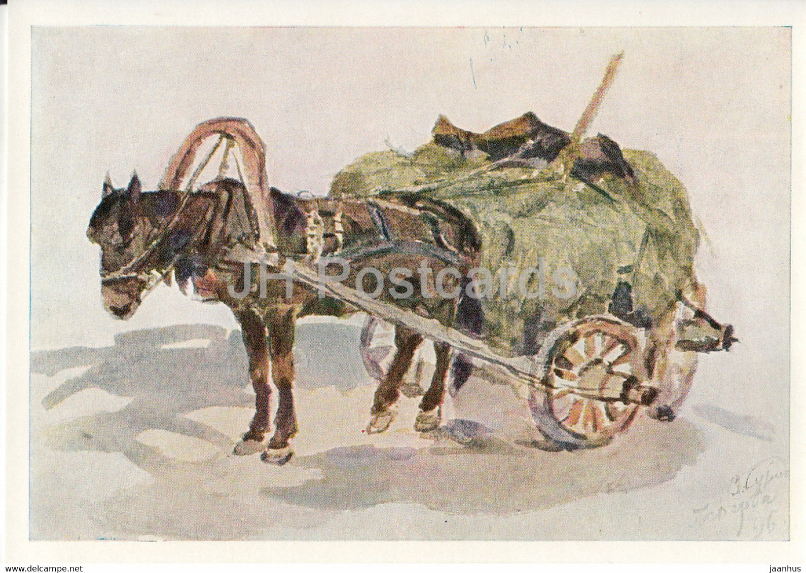 painting by V.  Surikov - Hay cart - horse - Russian art - 1971 - Russia USSR - unused - JH Postcards