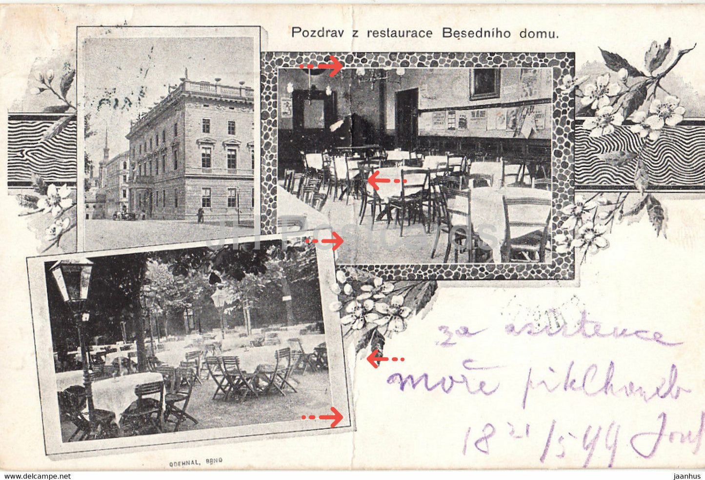 Brno - Pozdrav z restaurace Besedniho domu - Besedni Dum - restaurant - old postcard - 1899 - Czech Republic - used - JH Postcards