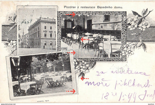Brno - Pozdrav z restaurace Besedniho domu - Besedni Dum - restaurant - old postcard - 1899 - Czech Republic - used - JH Postcards
