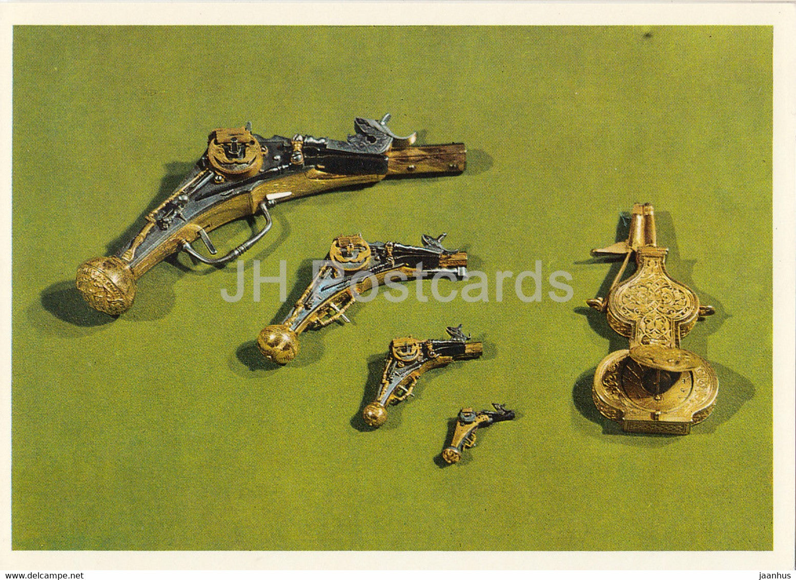 Miniaturpistolen Kugelzangen - Pulverflasche mit Kompass - miniature pistols - compass - Germany - unused - JH Postcards